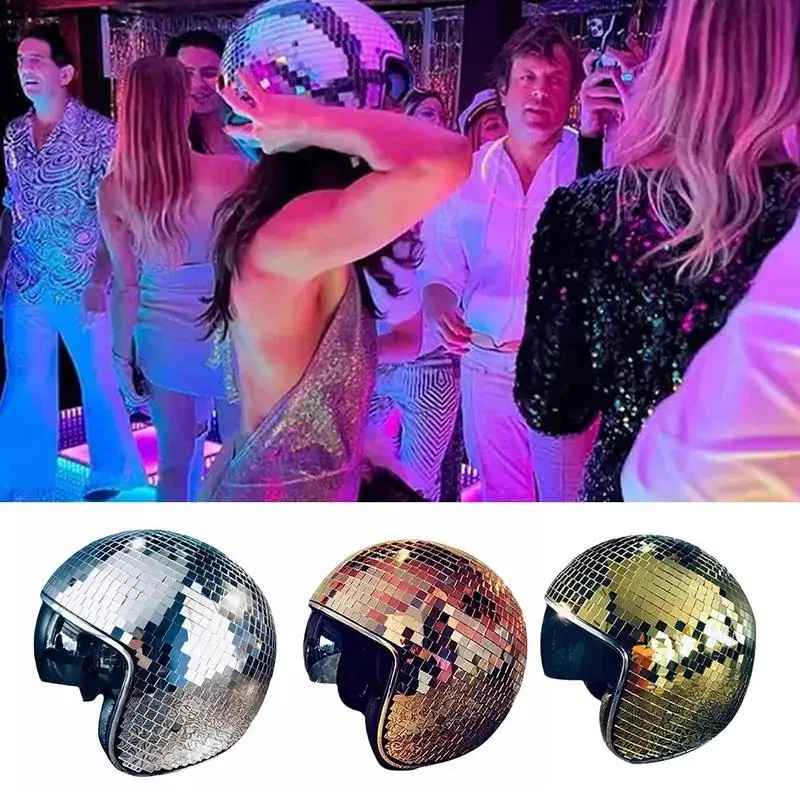 Disco Ball Helmet Glitter Mirrors Glass Punk Costume Hat Disco Ball Helmet with Retractable Visor Disco Ball Hat for Bar DJ Club