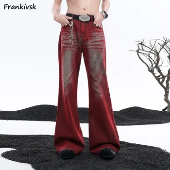 여성용 레드 청바지, Y2k 섹시한 소녀 빈티지 하이 스트리트 캐주얼 플레어 바지, 개성 있는 미국 스타일, 다목적 휴가
