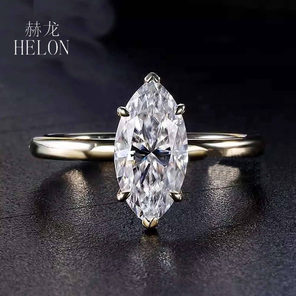 HELON Solid 14K Yellow Gold Marquise Cut 7*14mm 3ct Moissanite Diamond Engagement Ring For Women Wedding Bride Anniversary Gifts