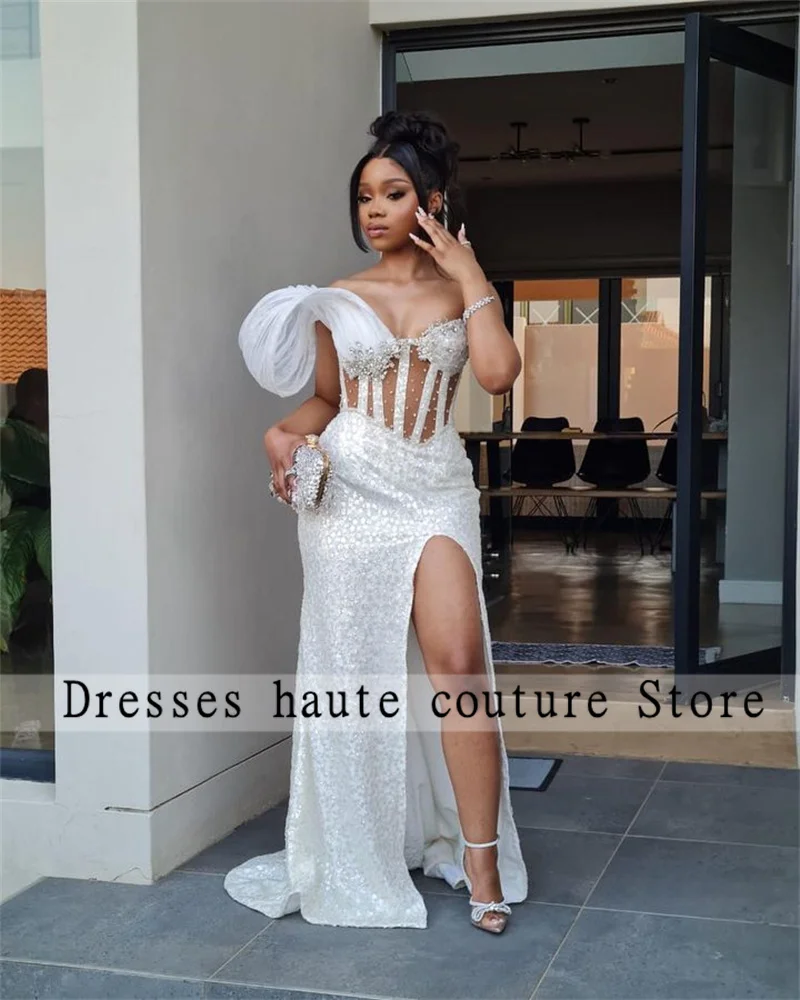 Aso Ebi White Beaded Lace Slit Mermaid Evening Dresses 2025 For Black Girls Crystals Prom Dress Birthday Party Dress Customized