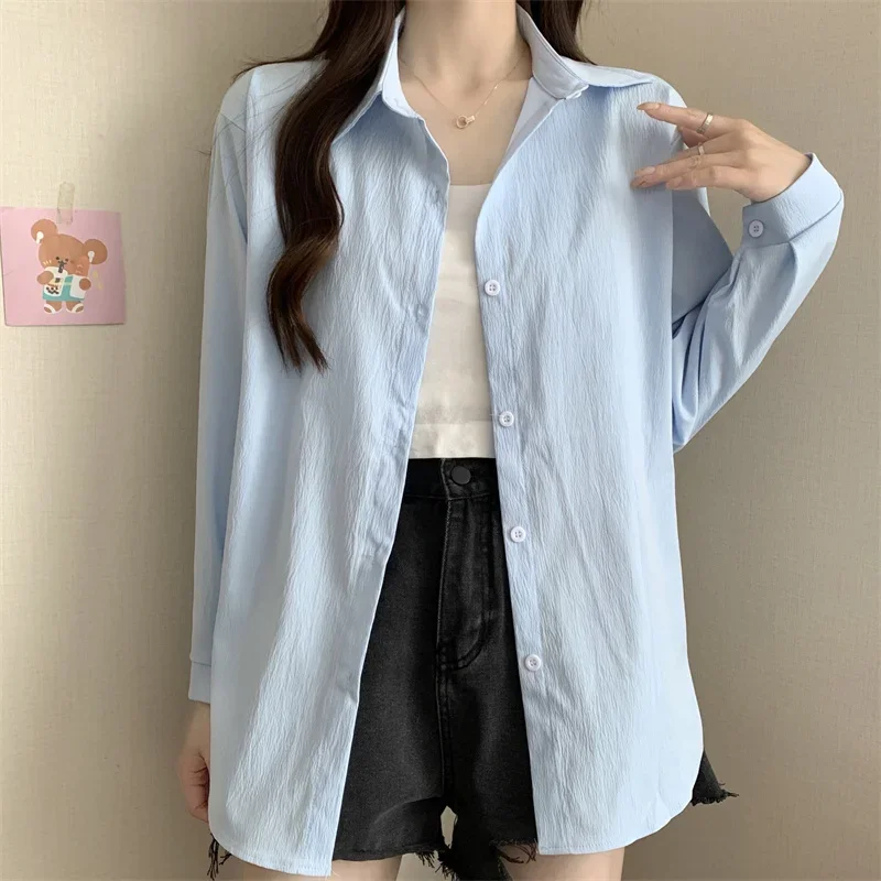 Women Button Down Shirt Long Sleeve Collared Plain Crape Shirt Ladies Blouse Spring Summer Casual Outfit