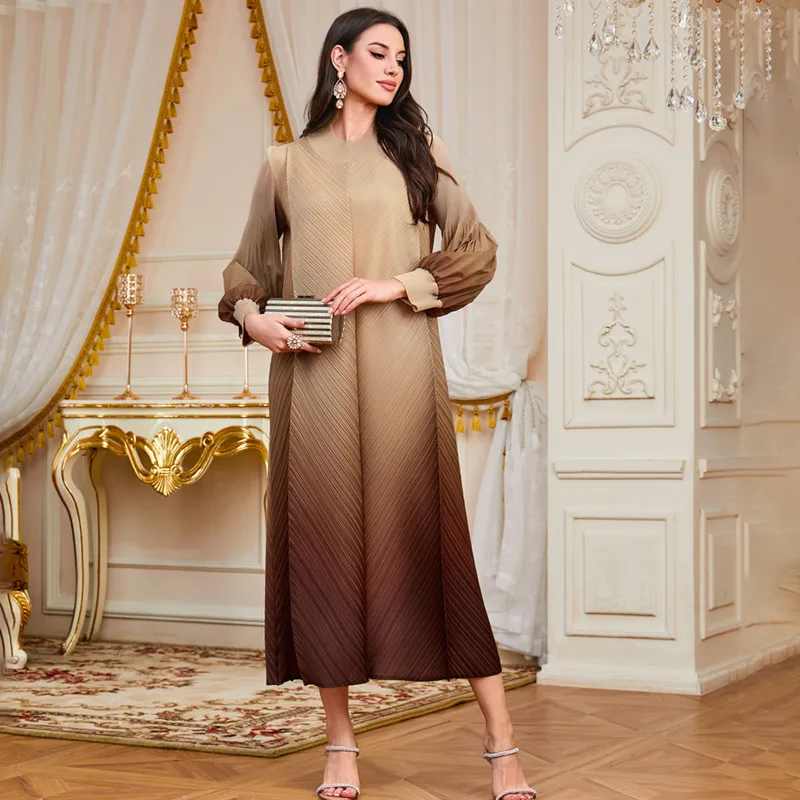 WHTREND فستان مكشكش مطوي المرأة التدرج اللون نفخة الأكمام طويلة طول فساتين فضفاضة الإناث ملابس الحفلات الأنيقة WH1891 #2