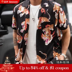 Maden Ukiyo-e Tiger Print Shirts for Men Summer Beach Short Sleeve Casual Loose Hawaiian Shirt Street Wear Plus Size XXL Black