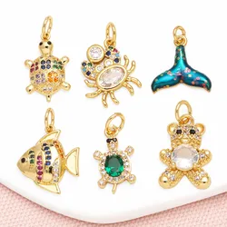 OCESRIO Rainbow Crystal Turtle Charms for Bracelet Copper Gold Plated Whale Tail Cute Bear Fish jewelry Making Supplis chma292