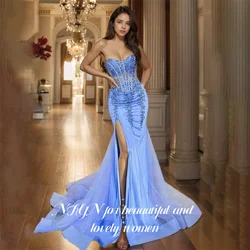 NFYN Sky Blue Mermaid Wedding Party Dress Appliques Lace Ball Gown Women's Evening Dress with Split Appliques Beaded Customized
