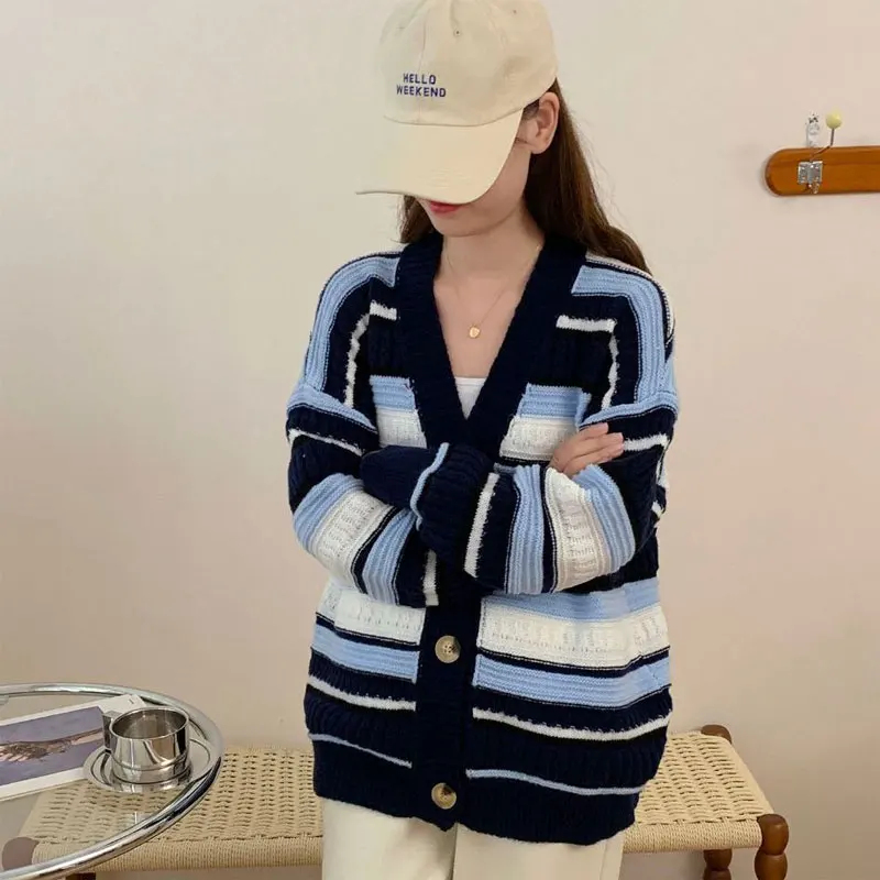 

Casual Contrasting Colors Sweaters Female Clothing Striped Stylish Loose Autumn Winter Commute Single-breasted Knitted Jumpers