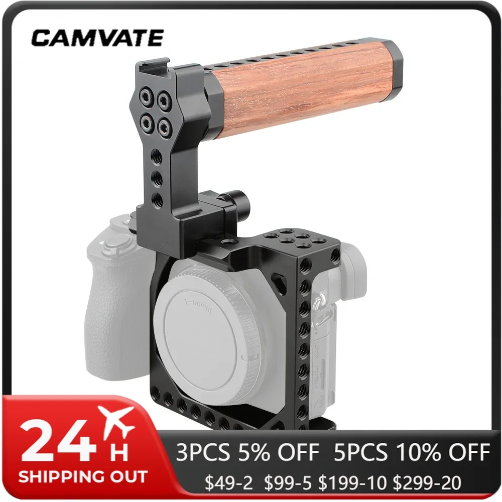 CAMVATE Small-size Camera Cage Rig With NATO Top Wooden Handle For Sony A6000/A6300/A6400/A6500/A6600, Canon Powershot G Series