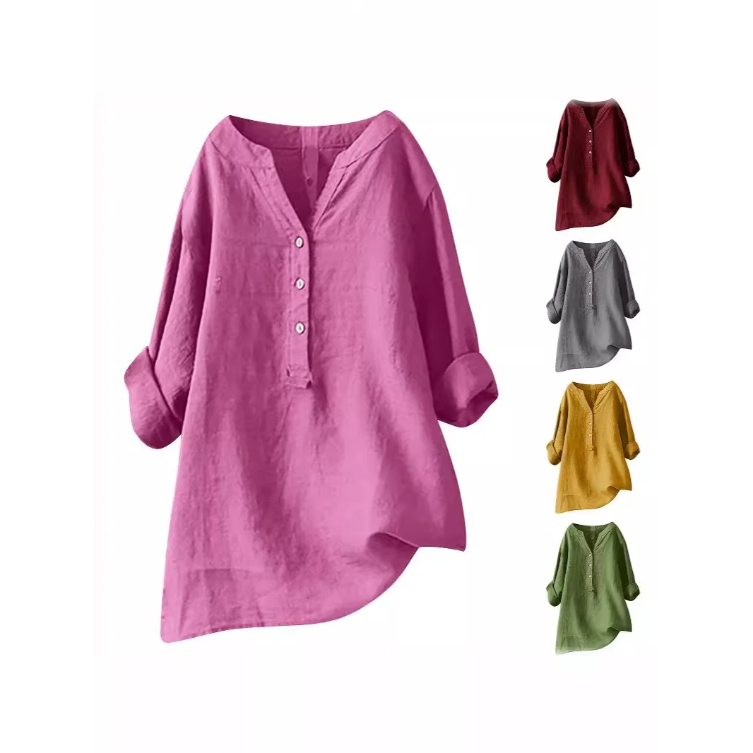 

Summer 2023 Loose Cotton Linen irt Women's Collar Long Sve Pure Color ket Detail Commute Sle Mid-Length T