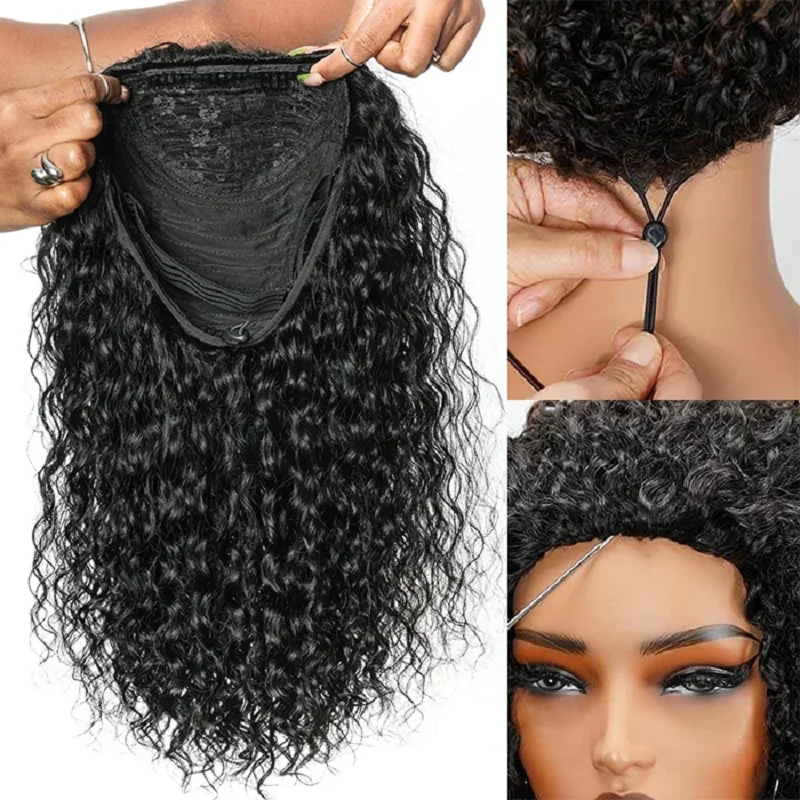 Jerry Curly Half Wig Human Hair Seamless Kinky Curly 3 In 1 Half Wig Machine Heandband Clip In Wig No Sew In Black Color Curly Human Hair Wig 3 IN 1 Half Wigs With Drawstring