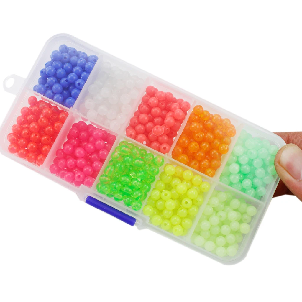 1 Box Hireeds Angelperlen 1000 Stück 5 mm – 10 verschiedene Farben inkl. 3 im Dunkeln leuchten, ca. 100 pro Farbe, Tackle-Box-Zubehör