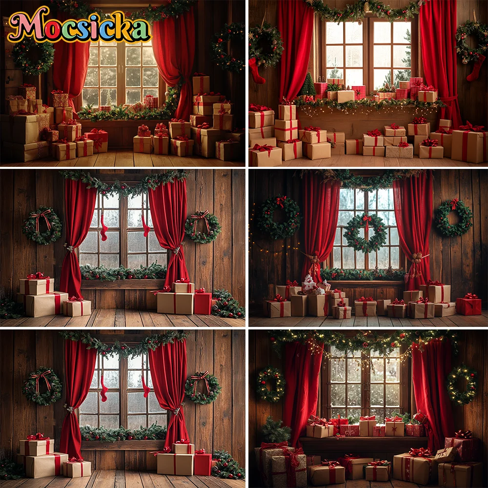 

Photography Background Christmas Indoor Window Curtain Gifts Xmas Tree Kids Family Portrait Decor Backdrop Photo Studio