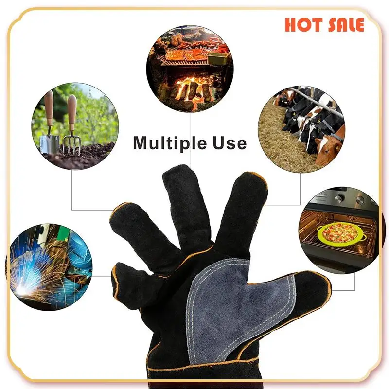 ABFA زوجان من القفازات الجلدية المقاومة للحرارة والحريق مع خياطة، قفازات سوداء مثالية 16 بوصة و14 بوصة