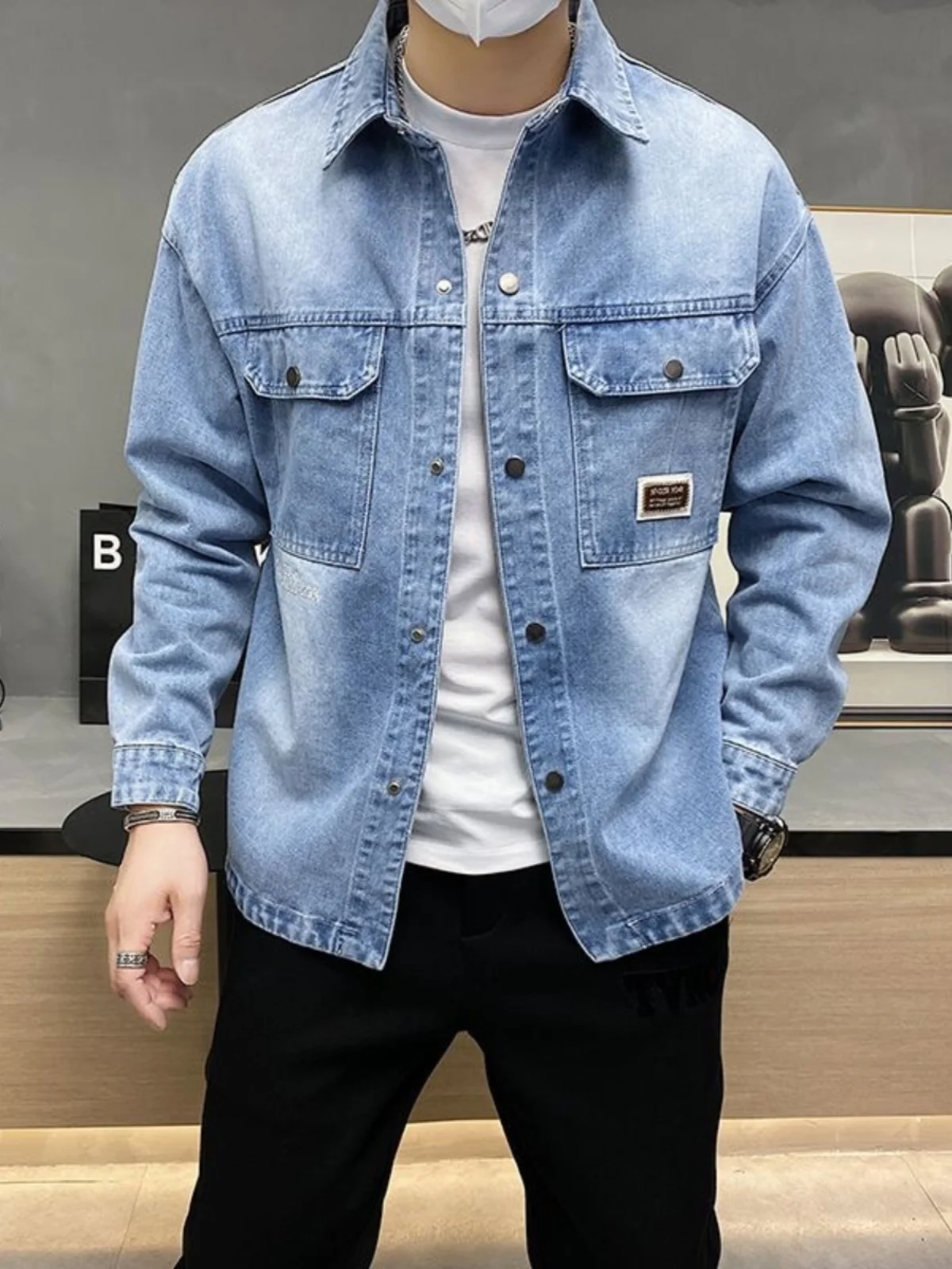 Retro japonés Sle Loose Fit hombres azul claro Denim Jaet primavera otoño marca de moda alta sensación Waed ropa de trabajo irt