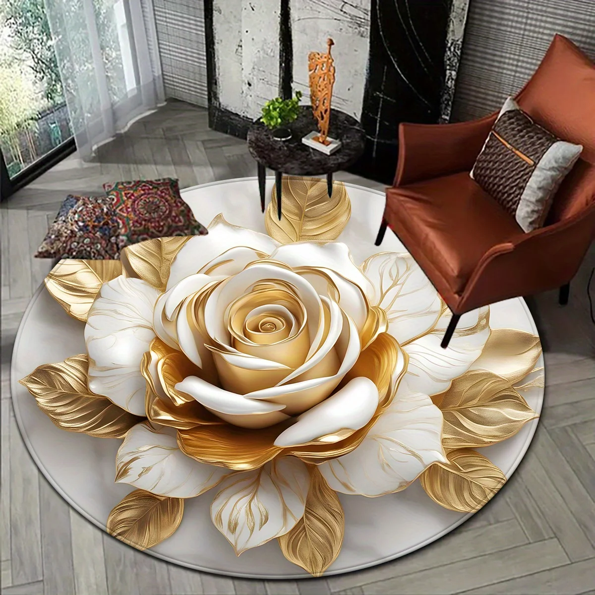 White Gold Rose Round Rug, Luxury Polyester Mat for Bedroom Living Room Decor, Hand Wash Only, Romantic Design