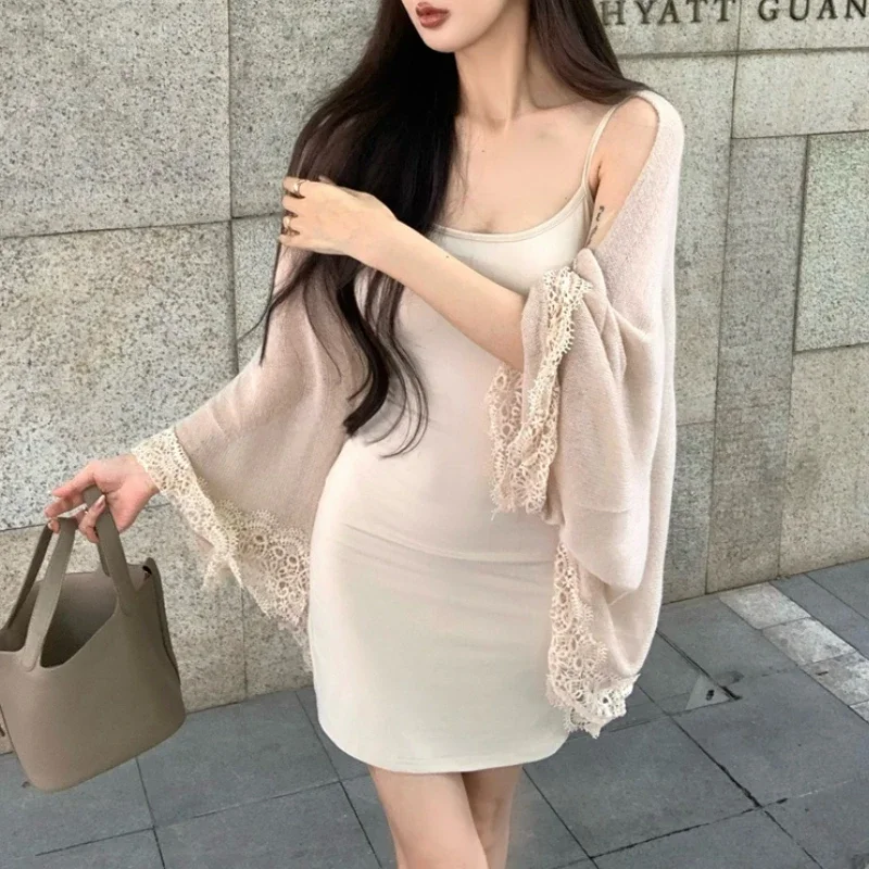 

2024 Autumn New Korean Backless Solid Color Elegant Sling Dress Women + Lace Splicing Loose Casual Knitted Shawl Two-piece Suit