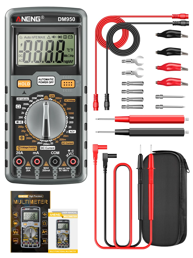 Draagbare ANENG DM950 digitale multimeter, 1999 meetpunten, AC/DC spanning, stroom, weerstand, capaciteit, diode, HFE, data hold, automatische uitschakeling.