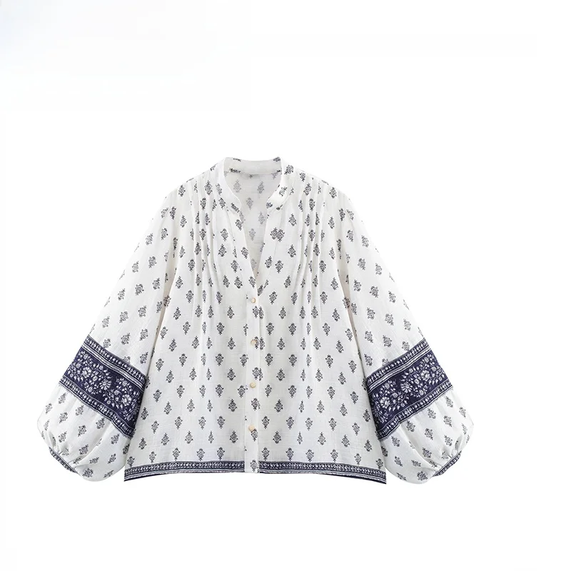 

ZBZA Spring New Women's Faion Design Printed irt Puffy Sve Casual Loose Fit Long Sve V-Ne Polyester Fiber Blouse