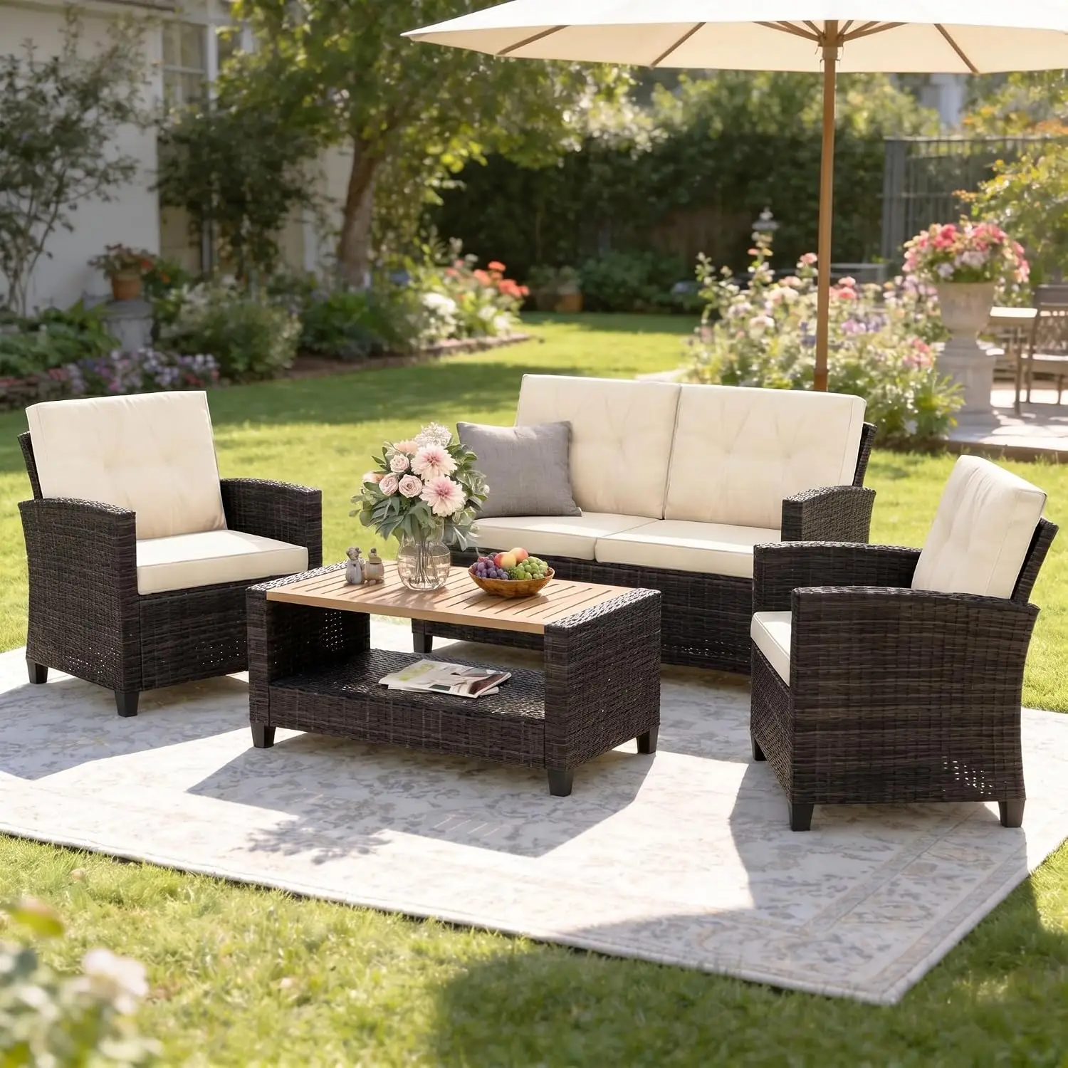 4 Piece Wicker Outdoor Patio Furniture Set, Beige Wood | All Weather Outside Furniture Patio Conversation Set, All Weather