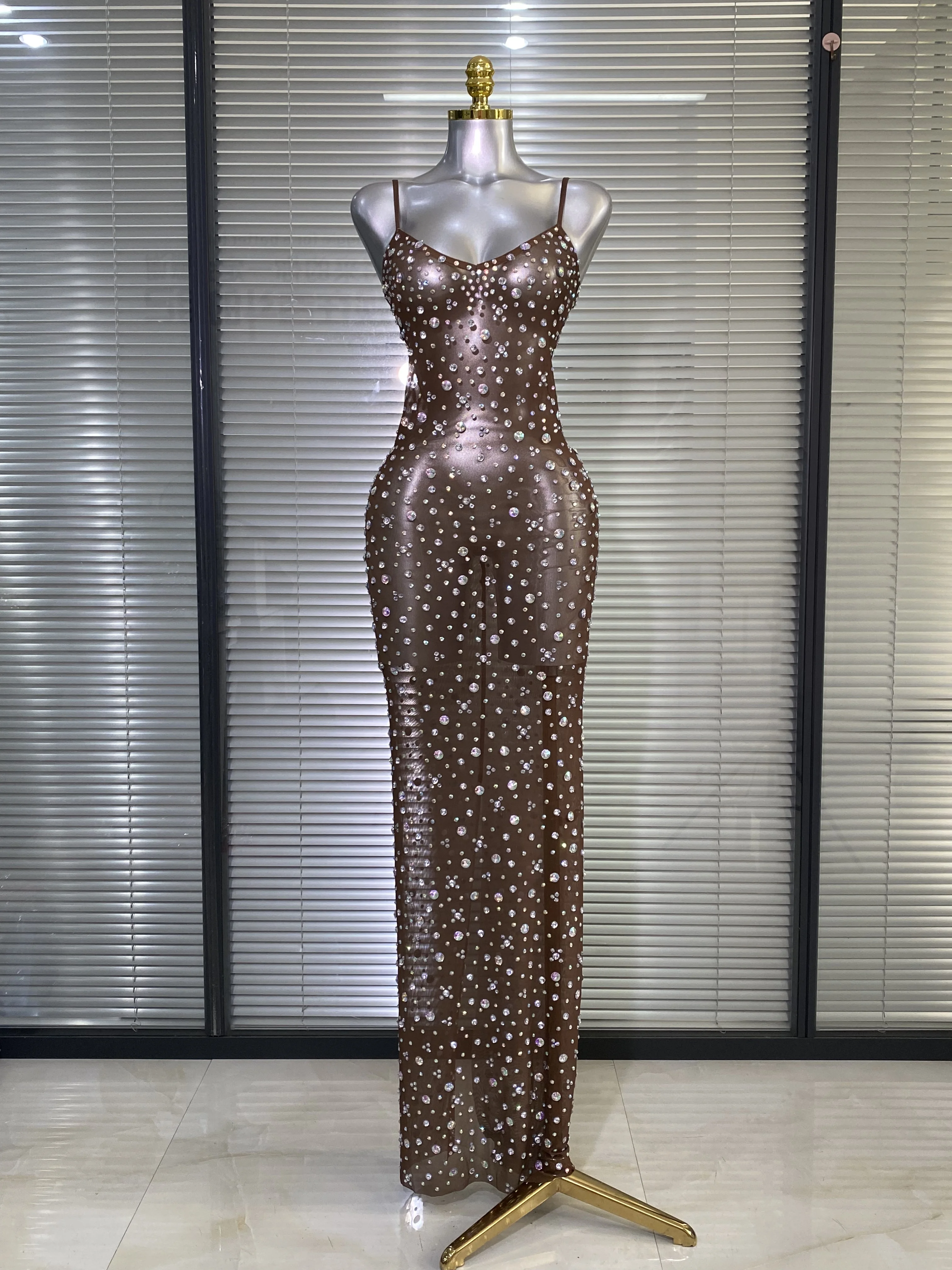 

New Women Sexy Mesh Crystal Diamonds Maxi Dress See Through Brown Party Costume Stage Performance Dress
