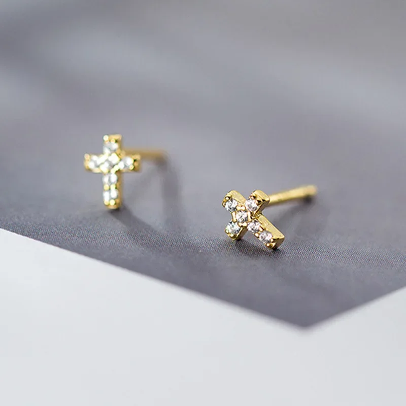 925 Sterling Silver Simple Korean Zircon Mini cross Stud Earrings for Teen Women Daily Life Party Jewelry