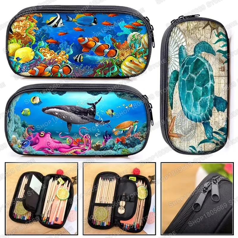 Sea Animal Turtle Whale Shark Dolphin Octopus Cosmetic Cases Pencil Bag Girls School Case Pencil Box Cute Stationary Bags Gift