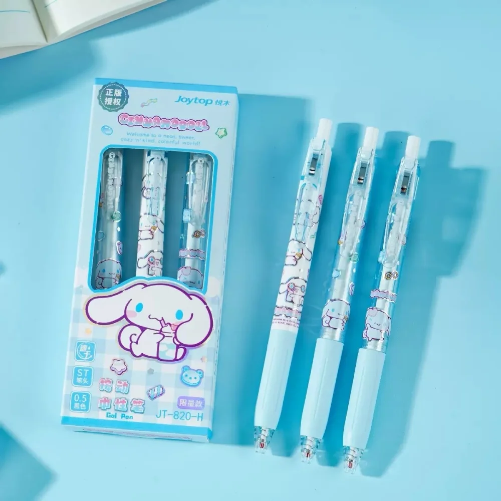 Genuine Sanrio 3Pcs/Box Retractable Gel Pens Hello Kitty Kuromi Cinnamoroll 0.5mm Black Ink Pens for School Office Stationery