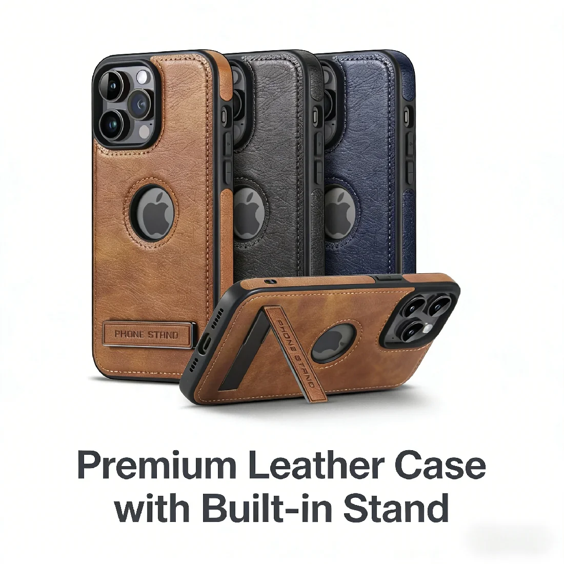 

PU Leather Phone Case with Kickstand for iPhone 17 16 15 Pro Max 14 Plus 13 12 11 Mini Soft Grip Luxury Back Cover with Stand