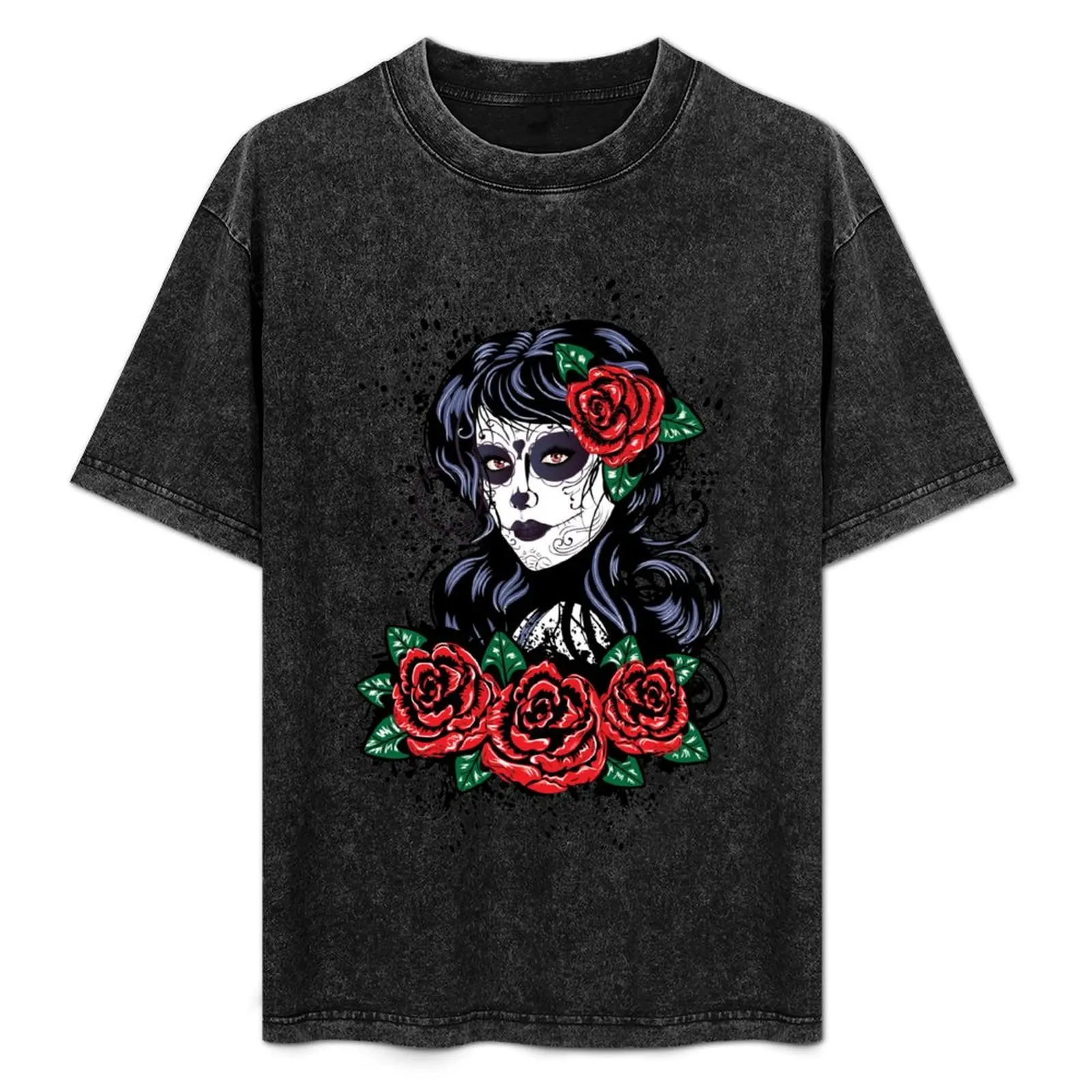 

Day of Dead Girl with red roses T-Shirt Festival Short Sleeve T-Shirt