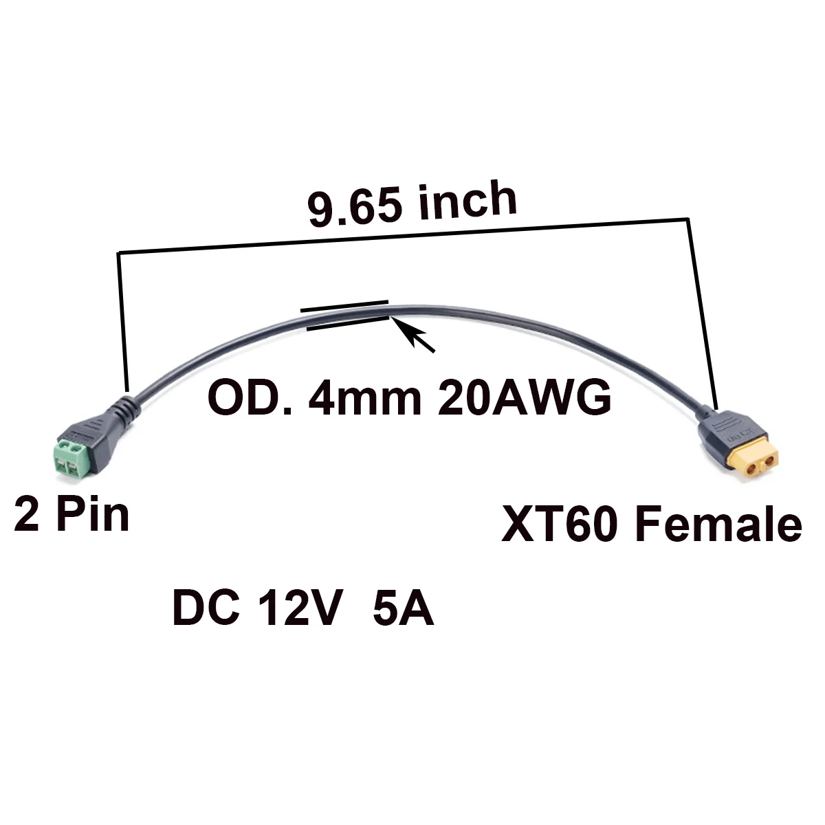 1개 XT60 암컷에서 2핀 녹색 스크류 터미널 어댑터 케이블 20AWG 30cm RC 자동차 드론 FPV 밸런스 충전기 5A 전류용