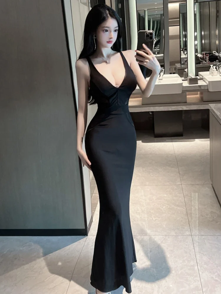 Ezgaga Dresses Women Spaghetti Strap Mesh Patchwork V Neck Sexy Backless French Style Elegant Mermaid Dress Black Party Fashion