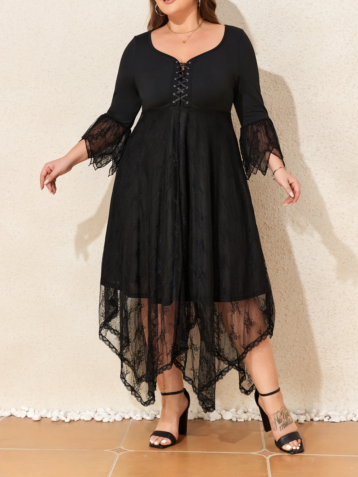 Halloween Plus Size Womens Gothic Lace Long Sleeve V-Neck Midi Dress Spring Autumn Ladie Lace Up Party Cocktail A-Line Ball Gown