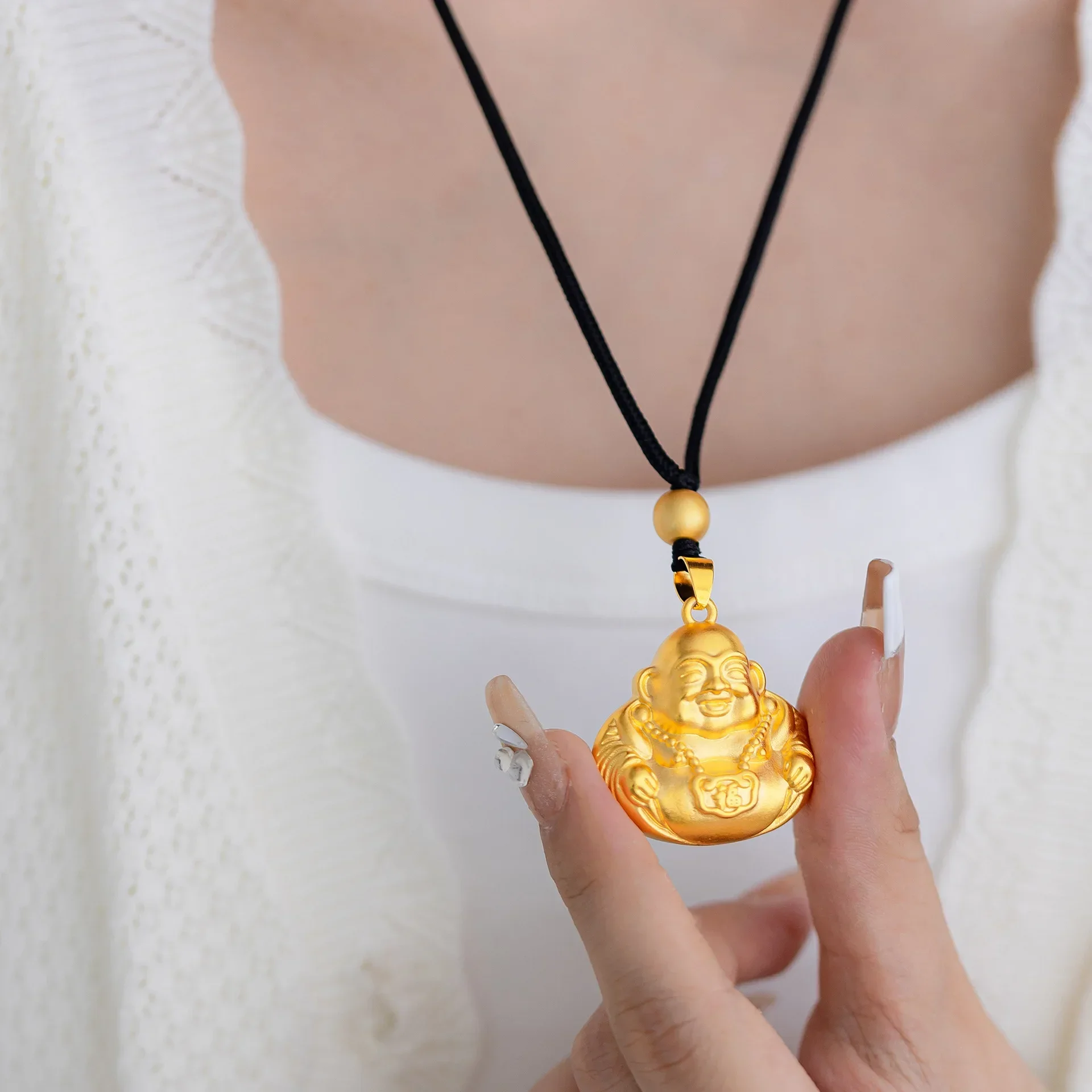 

9999 Real Gold 24K Gold Ancient Law Big Belly Buddha Maitreya Buddha, Fu Character Hollow Laughing Chain Men's Women's Pendant