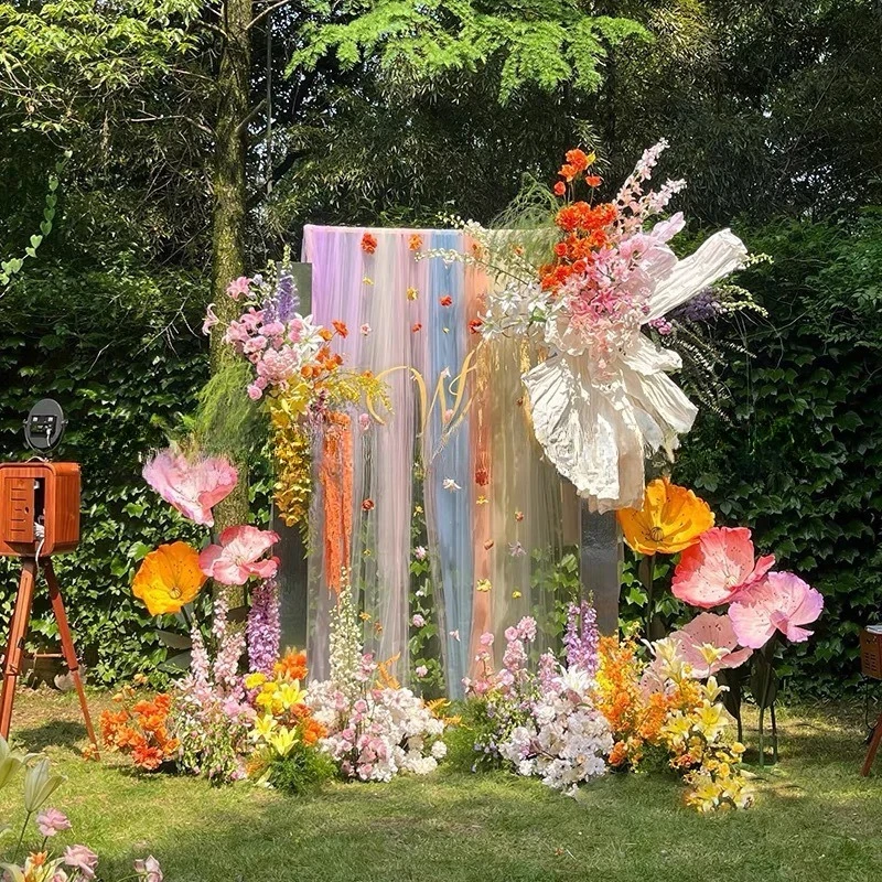 Dekorationshintergrund für Outdoor-Partys, Regenbogen-Gaze, weißes Garn, Fotohintergrund für Feiertage und Hochzeiten, Wanddekoration
