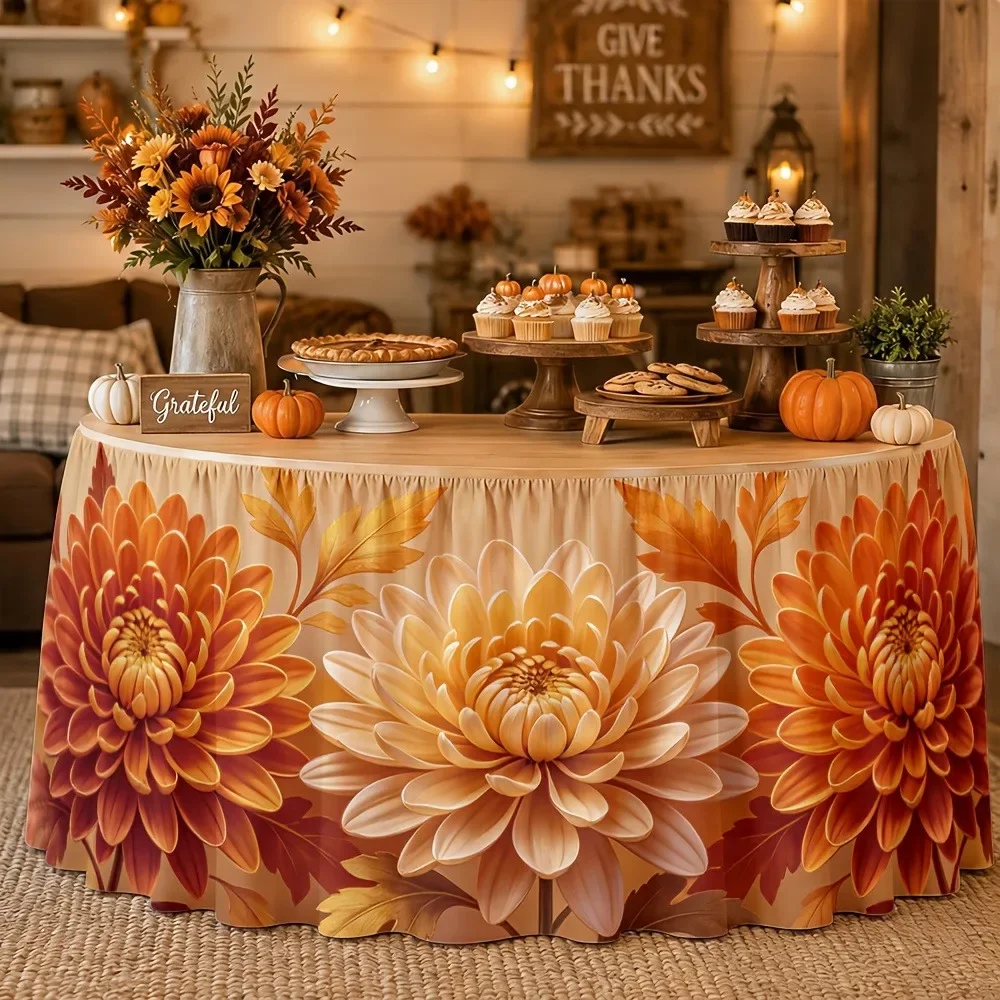 1pc Tablecloth with Warm Autumn Palette of Chrysanthemum Pattern - Warm and cozy for indoor festive gatherings in autumn