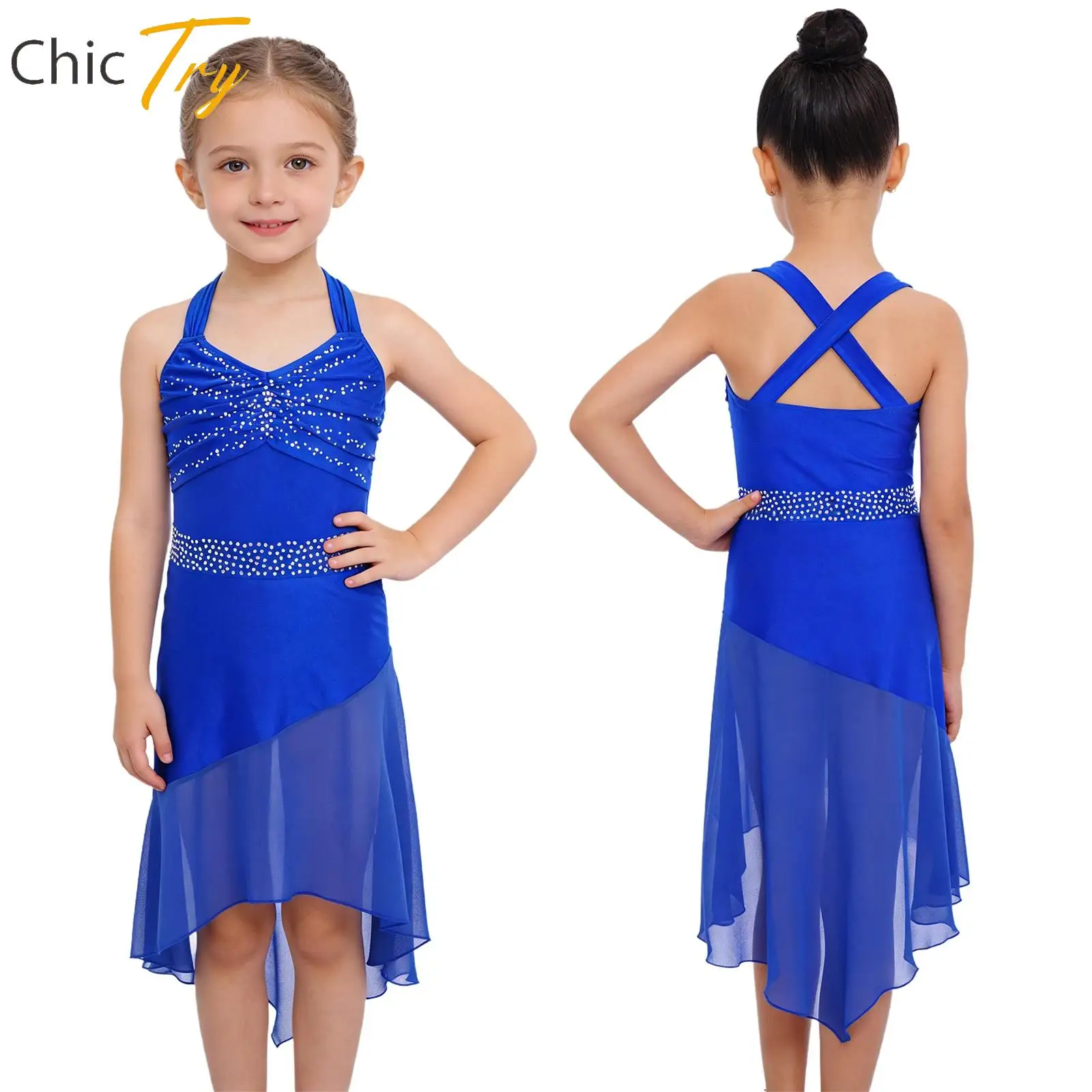 

Child Girls Latin Lyrical Dance Dress Sleeveless Rhinestones Chiffon Dress Dancewear Chacha Samba Dance Performance Costume