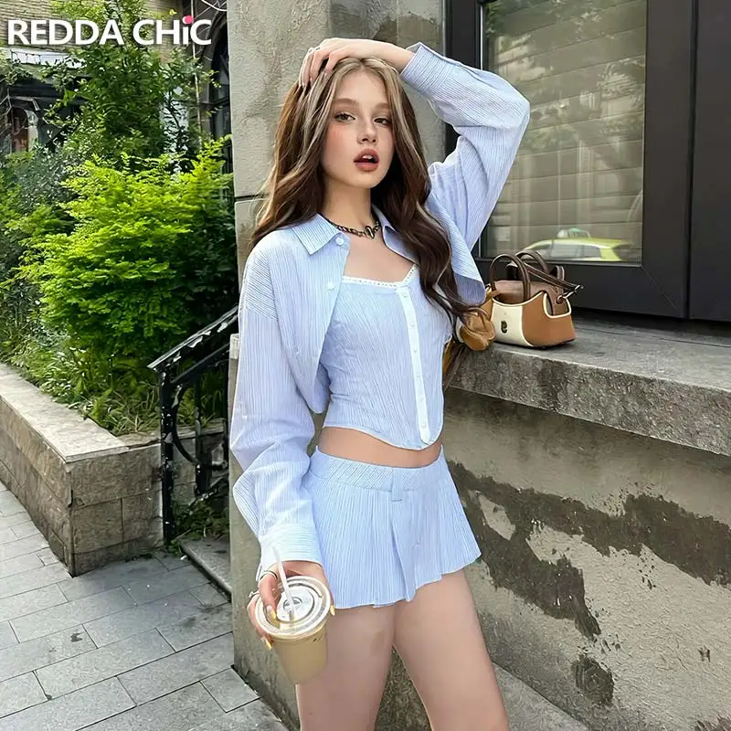 REDDACHiC Women 3-piece Striped Lounge Set New In Open Front Cardigan Boned Tube Top Pleat Low Rise Mini Skirt Sexy Fall Clothes
