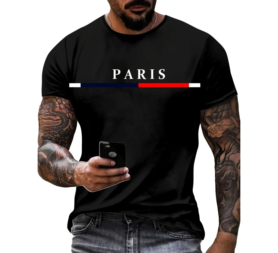 Camiseta de moda para hombre, Camisetas estampadas en 3D con gráfico de París de Color degradado, camisetas informales de manga corta, ropa de gran