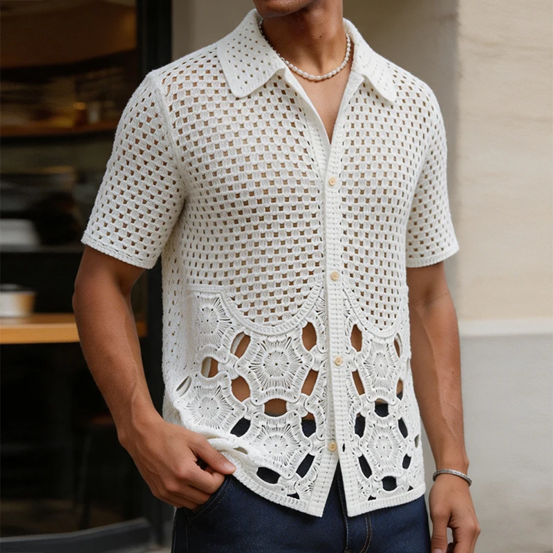 Leisure Mens Hollow Out Knit Shirts Vintage Solid Color See Through Knitting Cardigan Men Summer Casual Short Sleeve Shirt