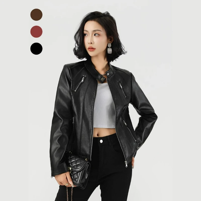 女性フェイクレザージャケットジッパーソリッドストリートウェアスリムフィット長袖スプライスドポケットコートスタンドカラージャケット秋