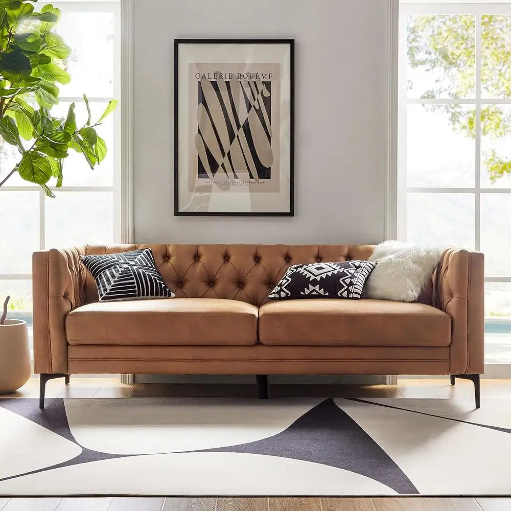 

3-Seater Century Modern Upholstered Sofa with Leather and Metal Legs, Camel Colored for Living Room and Entertainment Spaces