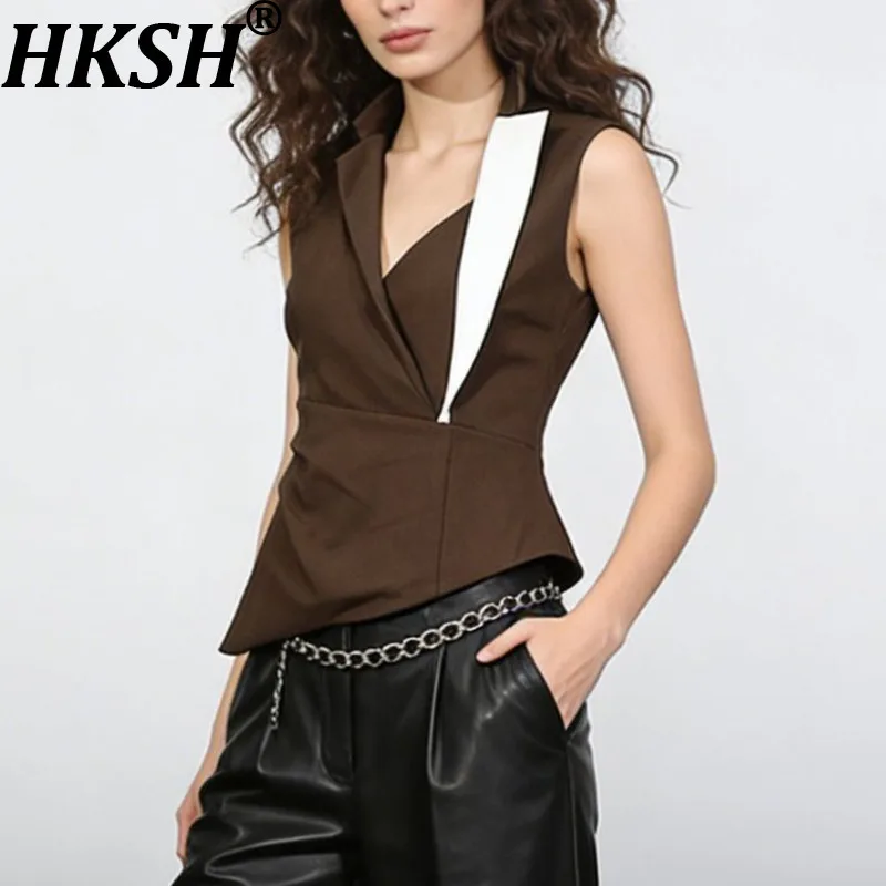 HKSH Women Ins Sleeveless Blazer Irregularly Color Block Waist Cinching Slim Fit Versatile High-end Waistcoat New Spring HK20371