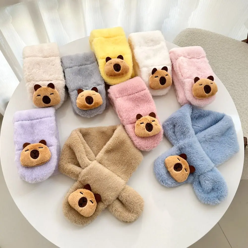 Cute Winter Children's Cross Scarf Warm Thickened Capybara Plush Scarf Solid Color Neckerchief Wrap Kids