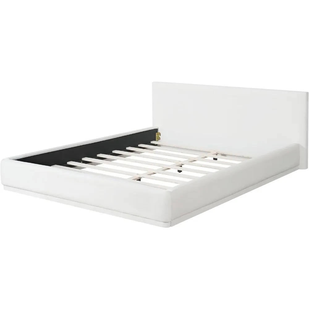 Merax Nowoczesna Łóżko z Tapicerowanym Ramą w Stylu Queen z Zagłówkiem, Miękkie Łóżko na Niskiej Platformie z Aksamitu, Nie Wymaga Stelaża, Łatwy Montaż, Biały