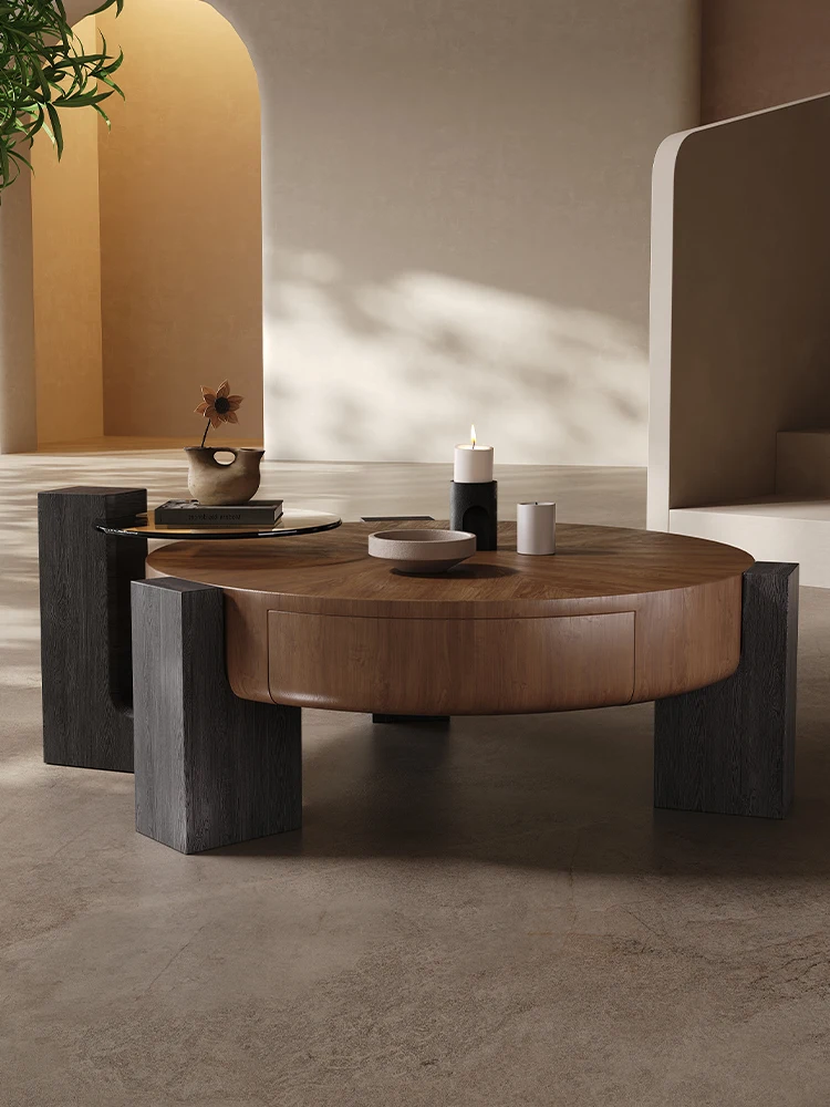 

Italian Minimalist Round Coffee Table Living Room Home Light Luxury High-end Designer Vintage Walnut Coffee Table Combination