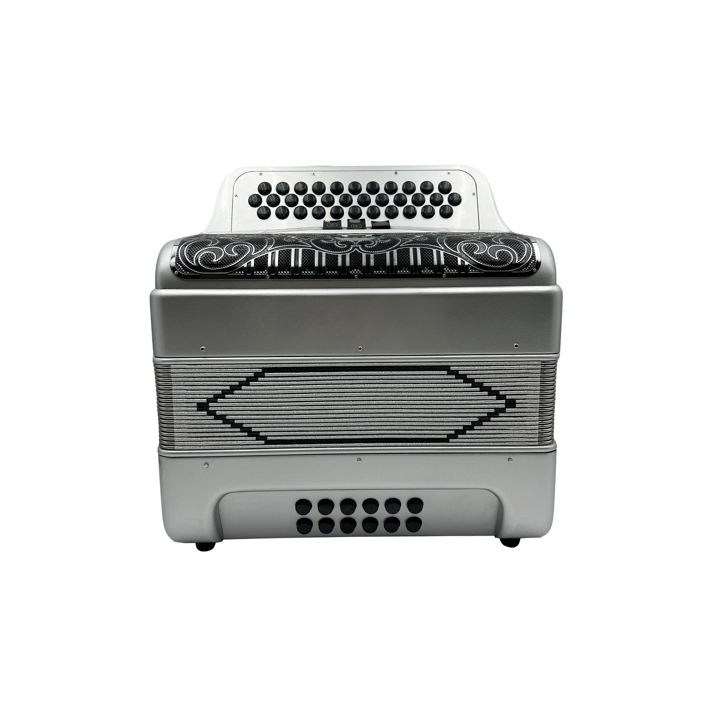

Professional 34-Button 12-Bass 3-Register Silver Accordion Black Silver Grill Black Buttons OEM JB3412C Wood Material