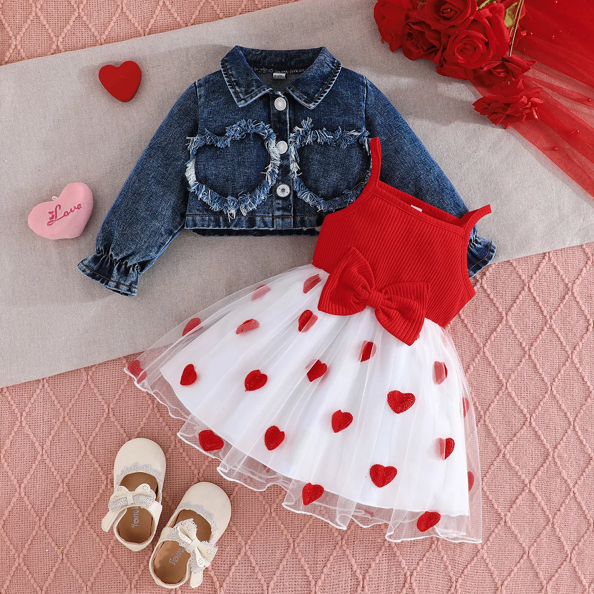 

2025 Autumn New Europe and The United States Girls Patchwork Love Denim Jacket Top + Suspenders Bow Love Skirt