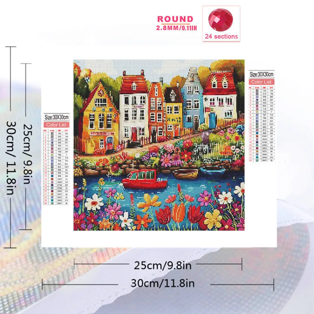 HUACAN Diamond Painting House Landscape City 5D Full Square Round Drill Diamond Embroidery Scenery Mosaic River Boat Home Decor