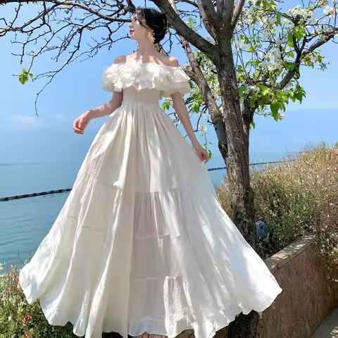 Elegant Evening Party Wedding Birthday Dresses Women Summer Slash Neck Short Sleeve Backless Dress Vintage Beach Long Dress