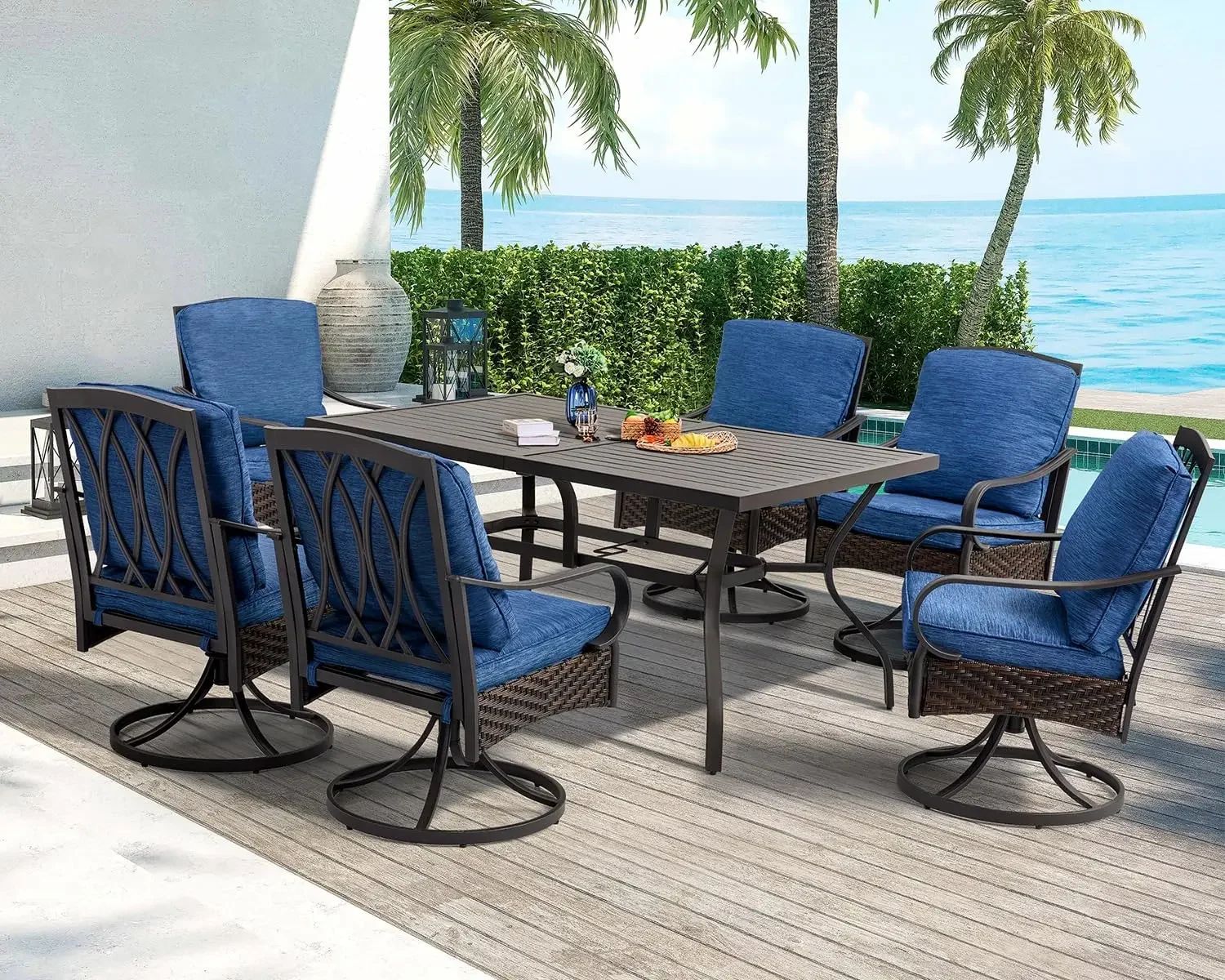 Patio Dining Set 7 Piece for 6, Outdoor Dining Set 60'' Rectangular Metal Table with Umbrella Hole and 6 Wicker Swivel Chairs