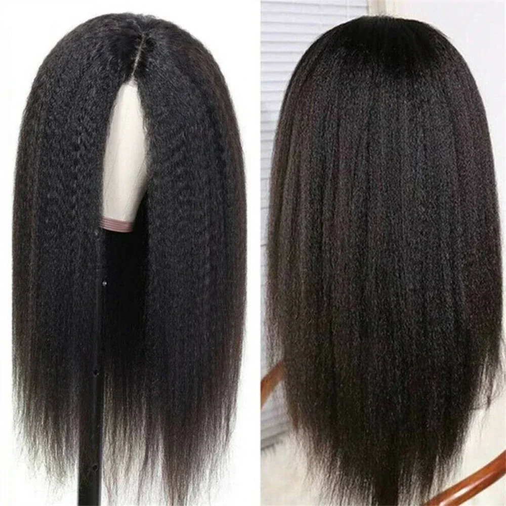 Afro Yaki Straight Synthetic Long Straight Wig For Women 24 Inch Middle Part Natural Black Heat Resistant Fiber Wig Daily Use